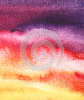 Abstract watercolor background. A rainbow gradient from yellow to red to purple. Sunset sky with clouds. Warm range of colors.