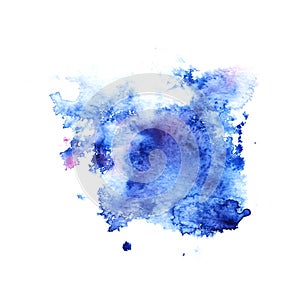 Abstract watercolor background. Shapeless blurry paint stain of blue colors with small lilac splashes on white backdrop. Hand