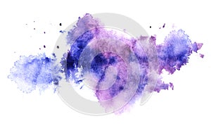 Abstract watercolor background. Shapeless blurry splashes of paint of blue and purple colors with small spots on white backdrop.