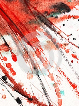 Abstract watercolor background. Splashes and rough strokes of the line Red and black on white. Energetic expressive composition.