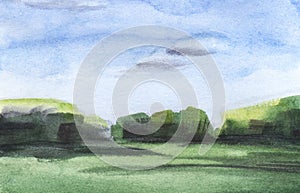 Abstract watercolor background on textured paper. Blurry peaceful landscape of green fields, silhouettes of leafy trees