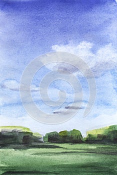 Abstract watercolor background on textured paper. Blurry peaceful landscape of green fields, silhouettes of leafy trees and high