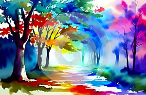 Abstract watercolor background with trees