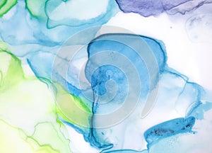 Abstract watercolor background with various color gradation: blue, teal, cyan, green, yellow, purple, white.