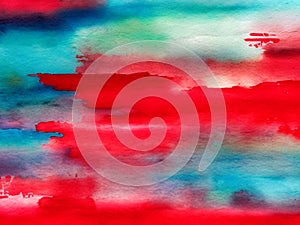 Abstract Watercolor Background. Watercolor strokes on textured thick paper for drawing. Red green blue paint thinned