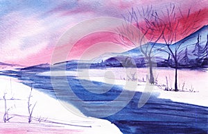 Abstract watercolor background. Winter romantic landscape. Gradient white to pink to blue. Beautiful sky. Sunrise. Light