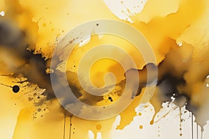 abstract watercolor background with yellow paint splashes and drops, space for text
