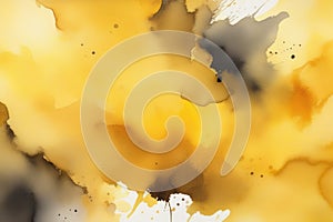 abstract watercolor background with yellow paint splashes and drops, space for text