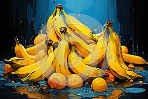 Abstract watercolor bananas and oranges, on a blue background. Still life, oil painting, poster.