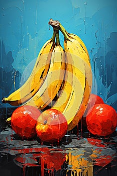 Abstract watercolor bananas and peaches on a blue background. Still life, oil painting, poster.