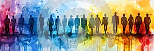 Abstract watercolor banner background with people silhouettes in rainbow colors.