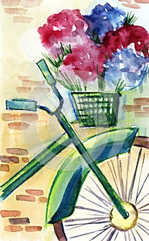 Abstract watercolor bicycle with flower basket. Front of green bike with wiker bank full of crimson and blue hydrangea against