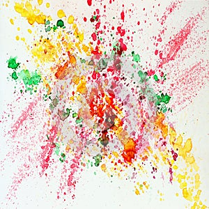 Abstract watercolor bright colorful background painting with spray, spots, splashes. Hand drawn on paper grain texture