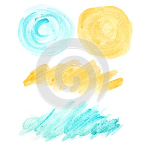 Abstract watercolor brush blue and yellow circle shape elements set paint stain isolated on white background. Spot of