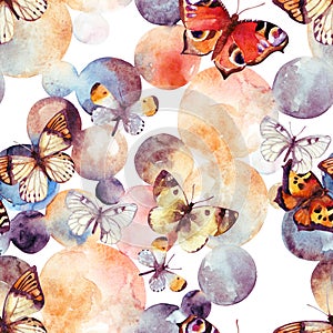 Abstract watercolor circles and butterfly seamless pattern