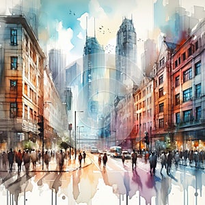 An abstract watercolor cityscape with loose, gestural brushstr photo