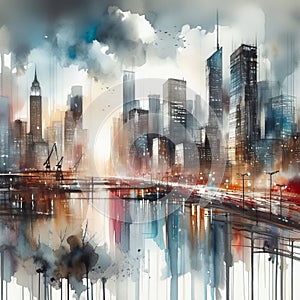 An abstract watercolor cityscape with loose, gestural brushstr photo
