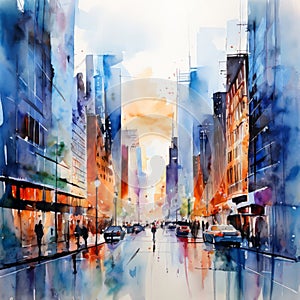 an abstract watercolor cityscape with loose gestural brushstro photo