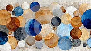 Abstract watercolor composition with overlapping multicolored circles in blue, brown, gold, and gray tones, featuring