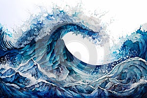 Abstract watercolor deep blue ocean waves. Sea painting illustration on white background. Generative AI
