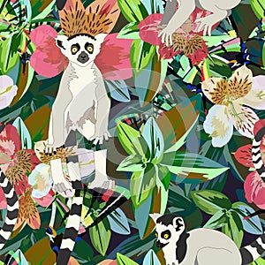 Abstract watercolor draw two lemur striped white black, background tropical forest