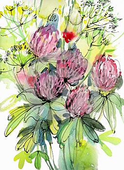 Abstract watercolor drawing of a bouquet of summer wild flowers. Light summer background for wedding decor, publications and print