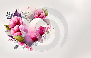 Abstract watercolor floral heart on white paper background. Valentine`s day flowers banner.