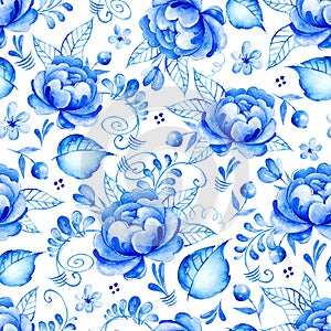 Abstract watercolor floral seamless pattern with folk art flowers.Blue white ornament. Background with blue-white flowers,leaves,c