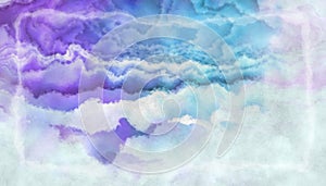 Abstract watercolor framed violet blue clouds with under tone with grey vintage grunge background texture design layout