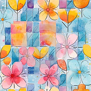 Abstract watercolor geometric and floral colorful summer pattern in gringe style