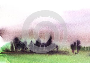 Abstract watercolor gradient background. Rural landscape of green field, dark stains of blurry trees and light purple
