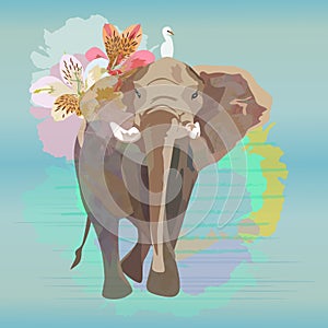 Abstract watercolor illustration of a big elephant with small white bird
