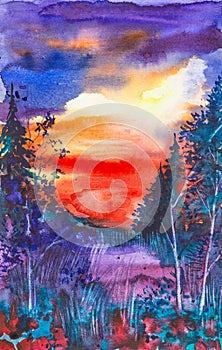 Abstract watercolor illustration of the forest at bright red sunset