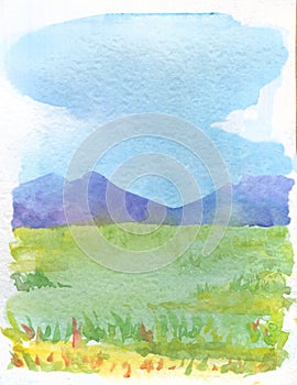 Abstract watercolor illustration grassland and mountains, blue sky with clouds