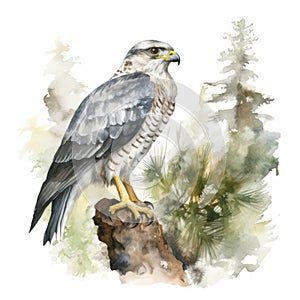 Abstract Watercolor Illustration Of A Hawk On A Tree Branch photo