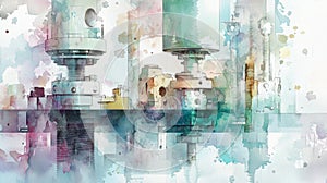 Abstract watercolor illustration of industrial engineering elements and machinery components