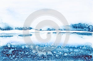 Abstract watercolor illustration of a night landscape de the lake with falling snow