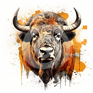 Abstract Watercolor Illustration Of Orange Buffalo Head With Horns