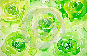 Abstract watercolor illustration textured background in the shape of green spiral circles