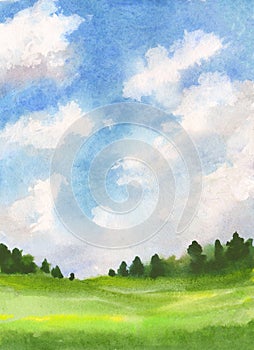 Abstract watercolor illustration vertical landscape with fluffy clouds on sky, green grass and distant trees