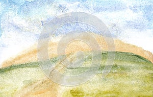 Abstract watercolor landscape background with clouds, roud, field