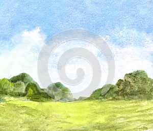 Abstract watercolor landscape blue sky, trees and bushes and green grass