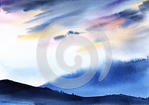 Abstract watercolor landscape. Blurry silhouette of bare hills with rare areas of vegetation against dusk sky with majestic gray