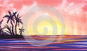 Abstract watercolor landscape. Dark silhouette of a tropical island with palm trees on the background of a beautiful pink sunset