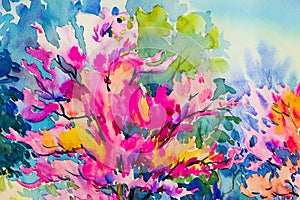 Abstract watercolor landscape painting colorful of Wild himalayan cherry.