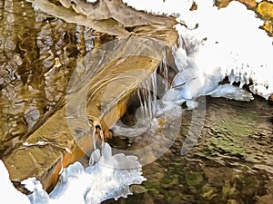 Abstract watercolor landscape. Spring stream, snow and ice, water cascade, waterfall. Digital painting. Watercolor drawing