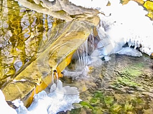 Abstract watercolor landscape. Spring stream, snow and ice, water cascade, waterfall. Digital painting. Watercolor drawing