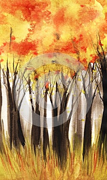 Abstract watercolor landscape. Tall dark tree trunks with a lush autumn crown. Yellow, red orange. Fall season. Colorful pattern.