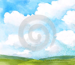 Abstract watercolor landscape with white fluffy clouds on blue sky and green grass field. Hand drawn natural countryside