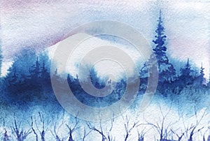 Abstract watercolor landscape. White snowy mountains on light sky. The shape of spruce forest. A tall beautiful Christmas tree.